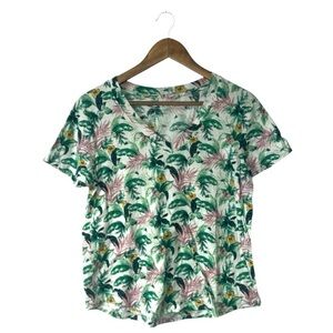 LOFT Floral Print Short Sleeve Tee Shirt Green Pink Cotton Casual Size Large